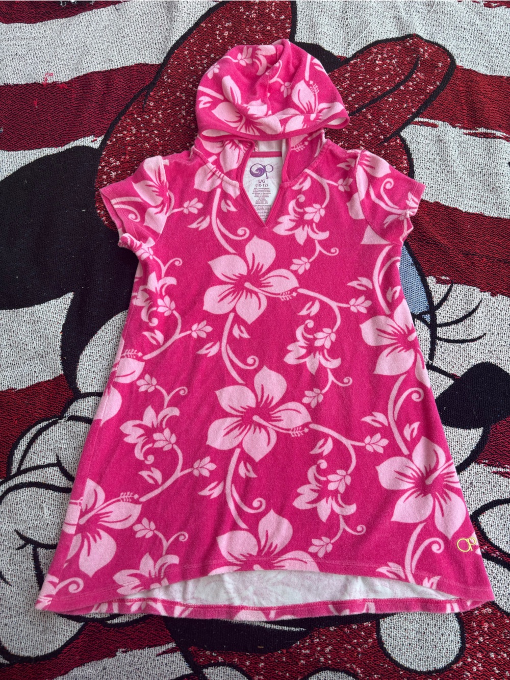 OP PINK HIBISCUS FLOWER TERRY CLOTH BEACH POOL COVER UP SIZE LARGE GIRLS